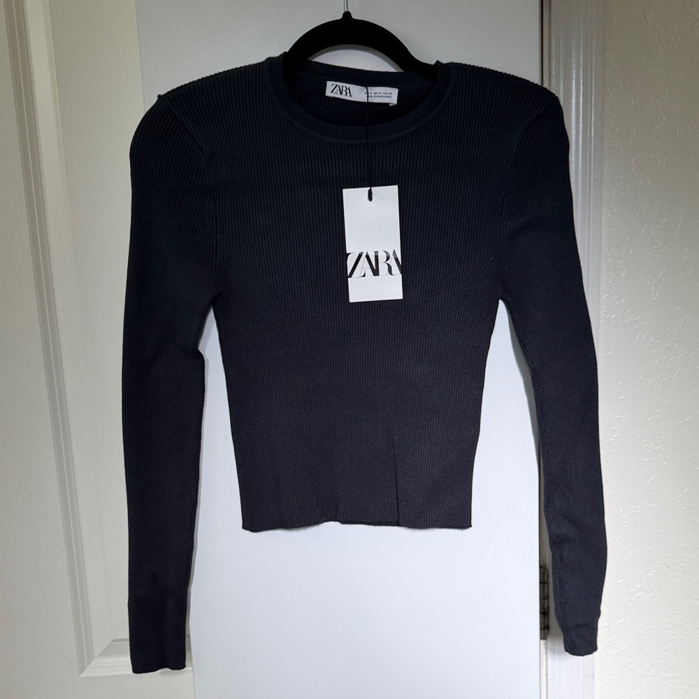 Zara Women's Dark Gray Ribbed Long Sleeve Top